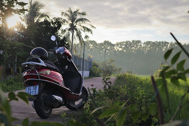 motorcycle, town, sunset